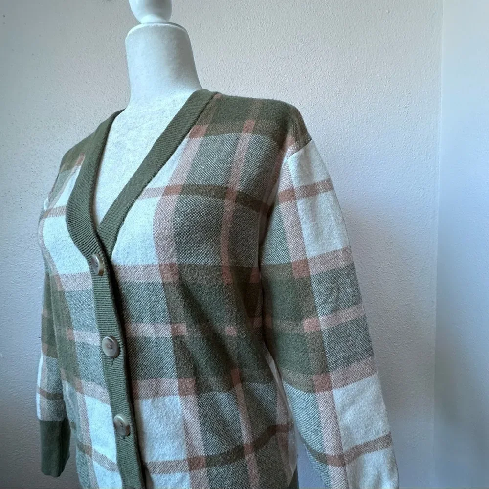 Rachel Zoe Plaid Sweater Brown Green White Cardigan Preppy Classic SZ XS